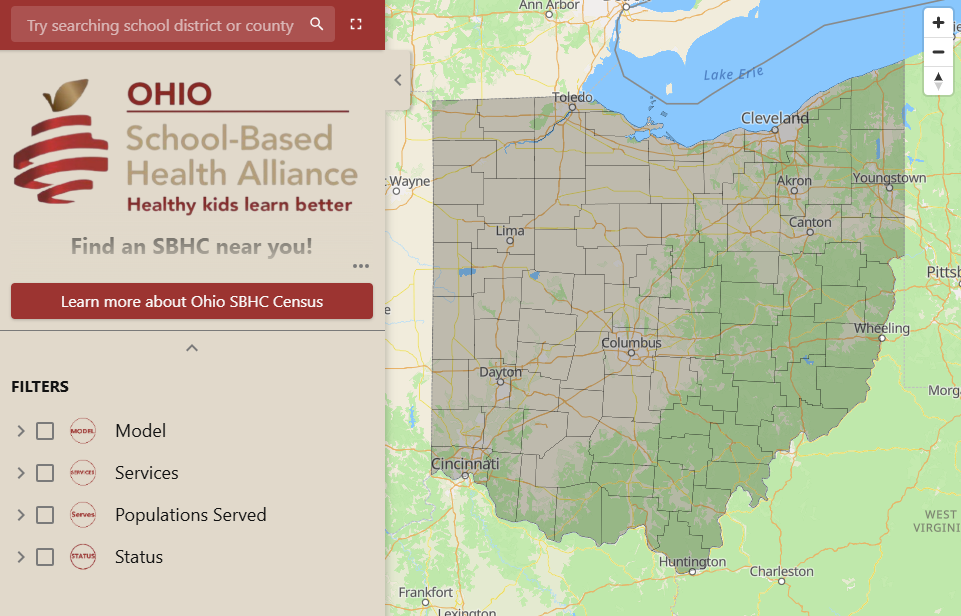 To view information about an SBHC on the map, users can click on a marker or use the search bar. Filters can also be used to find SBHCs with specific services.