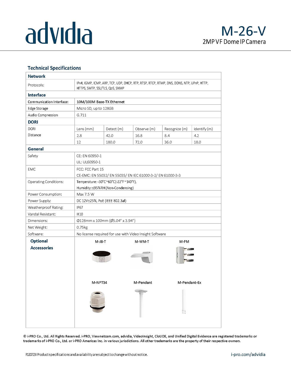 Thumbnail: M-26-V Advidia IP Dome Variable Lens 2.8-12 mm. กล้องโดม 2MP,Buitlin Mic,IP67