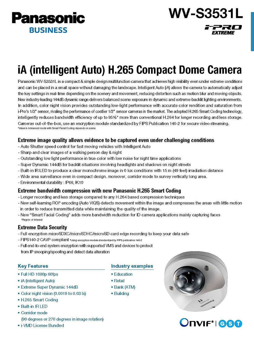 Thumbnail: WV-S3531L  iPRO Extreme Panasonic  Dome Full HD,H.265,SD,Vandal,IP66