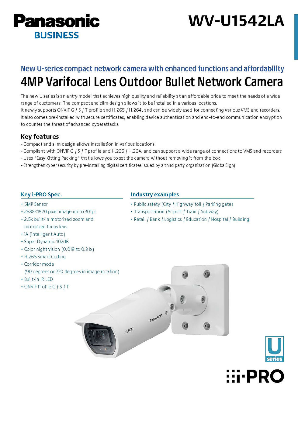 Thumbnail: WV-U1542LA IP Bullet 4MP Varifocal Lens 2.9-7.3mm.Outdoor H264/265,IR-LED20m.