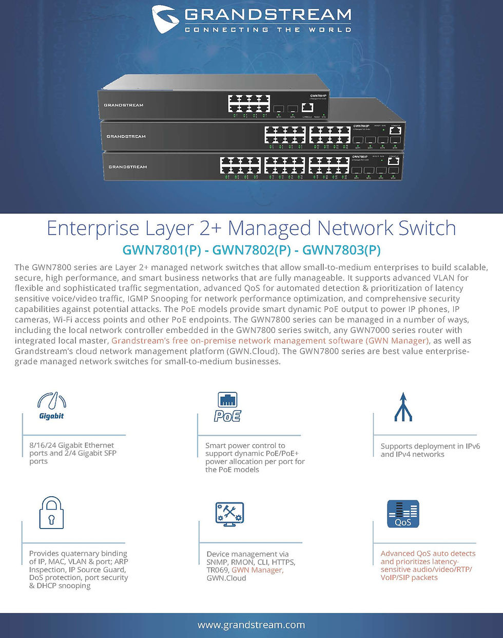 Thumbnail: GRANDSTREAM  GWN-7803P  Managed L2 Network Switch PoE 24Ports, 4SFP,Gigabit
