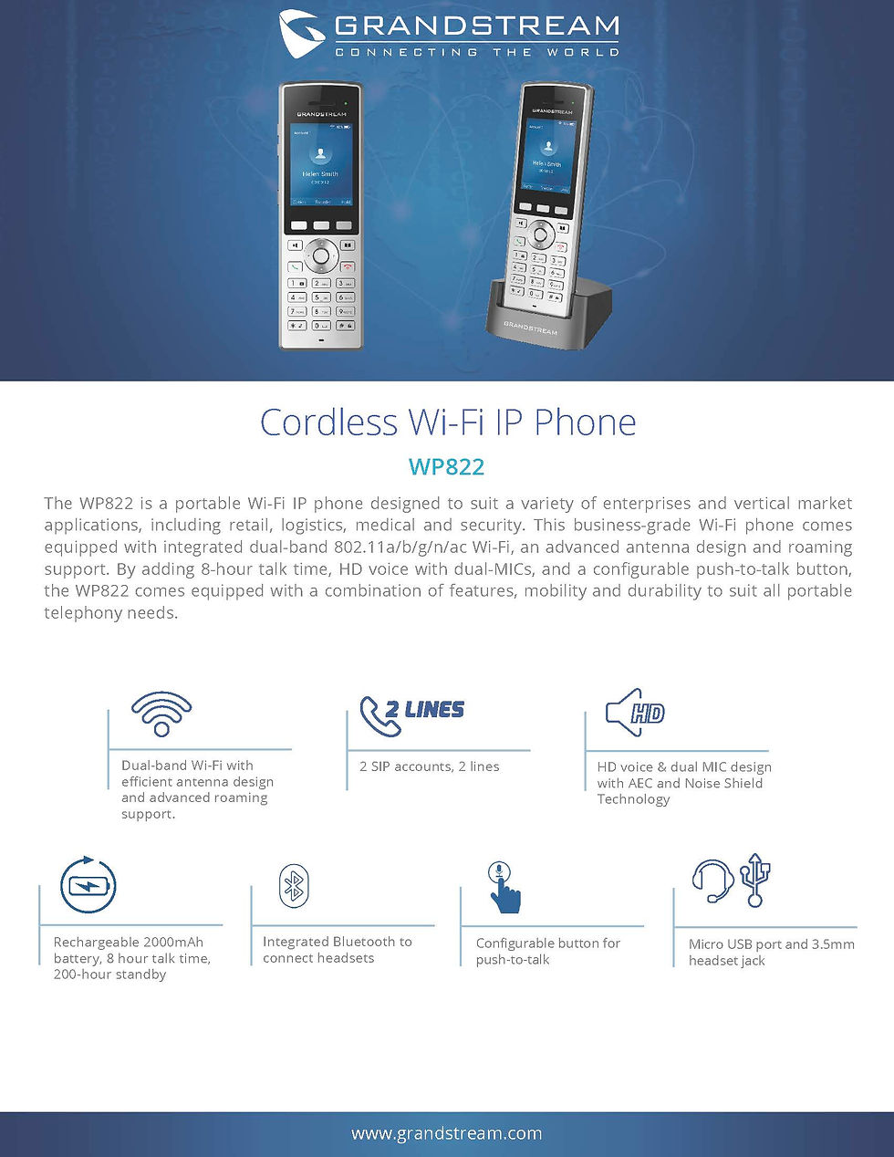 Thumbnail: Grandstream WP822  SIP WiFi Phone Dual Band 2.4/5GHz,2 Line,2 SIP,Bluetooth