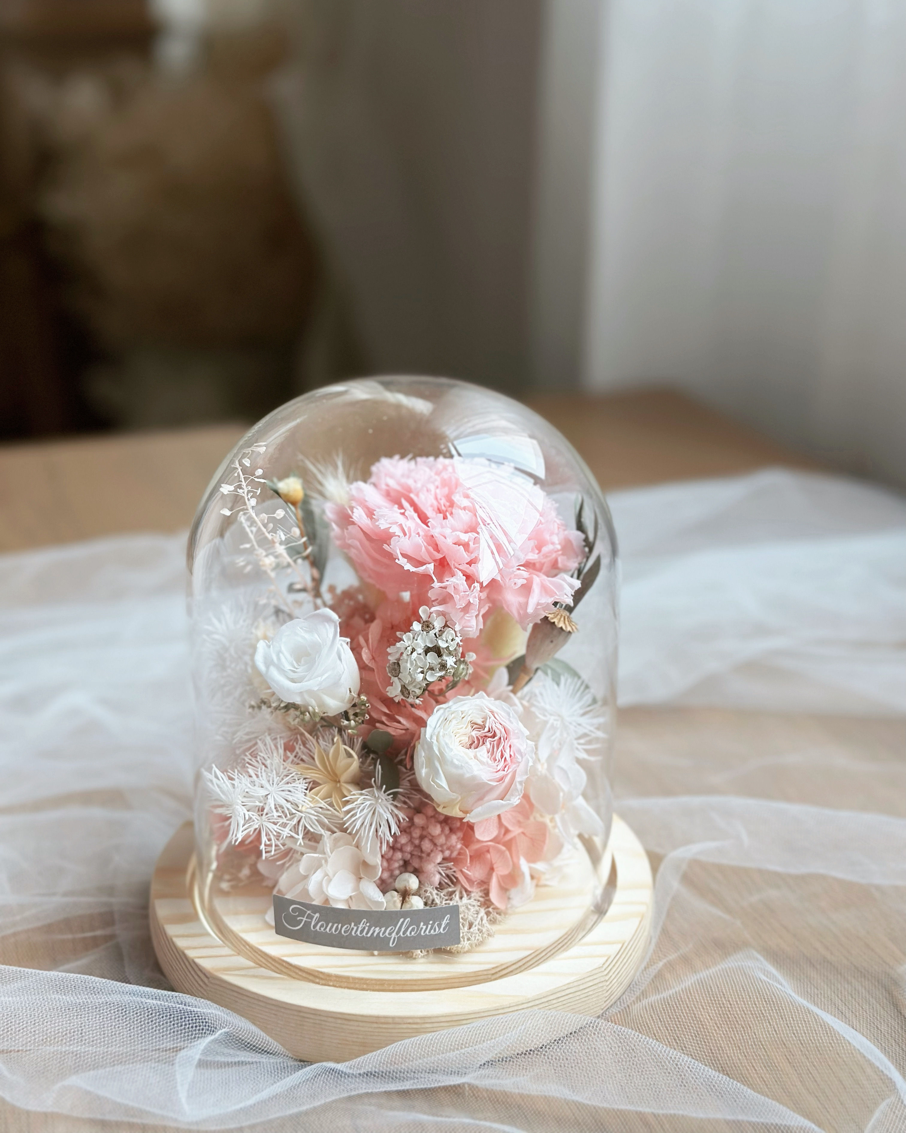 櫻花粉保鮮康乃馨玫瑰花玻璃罩