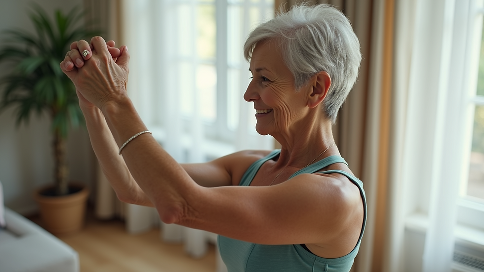 High angle view of a senior woman doing gentle stretching exercises