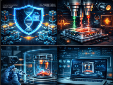 Futuristic lab scenes: DNA shield, high-tech equipment, vibrant lights. Gloved hand with syringe, laptop displaying holographic data.
