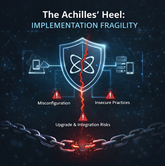 Cracked chain under a shield with tech icons, highlighting "Misconfiguration," "Insecure Practices," and "Upgrade Risks" in a digital theme.