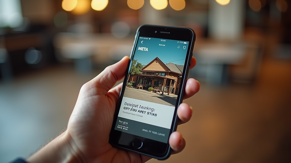 Close-up view of a smartphone displaying a Meta ad for a local restaurant