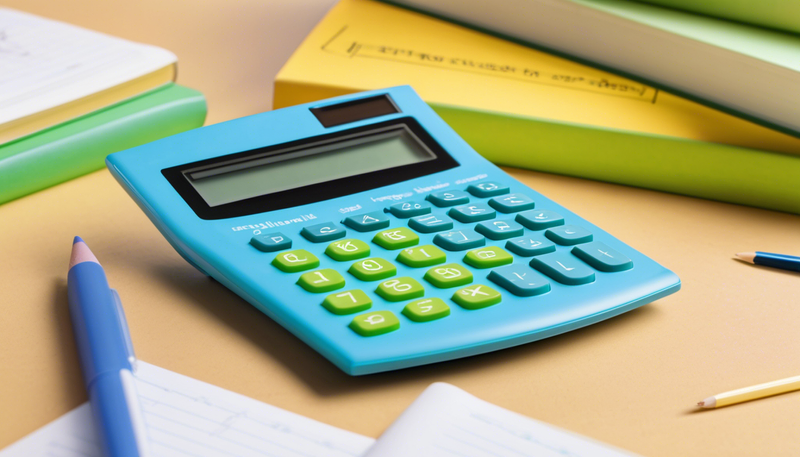 A blue calculator with blue and yellow keys