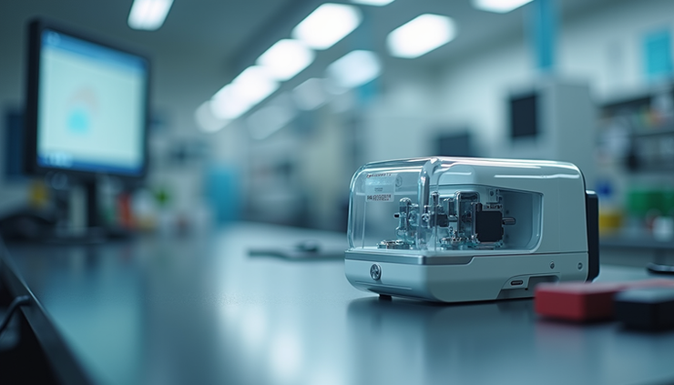 Eye-level view of a modern medical device prototype on a workbench