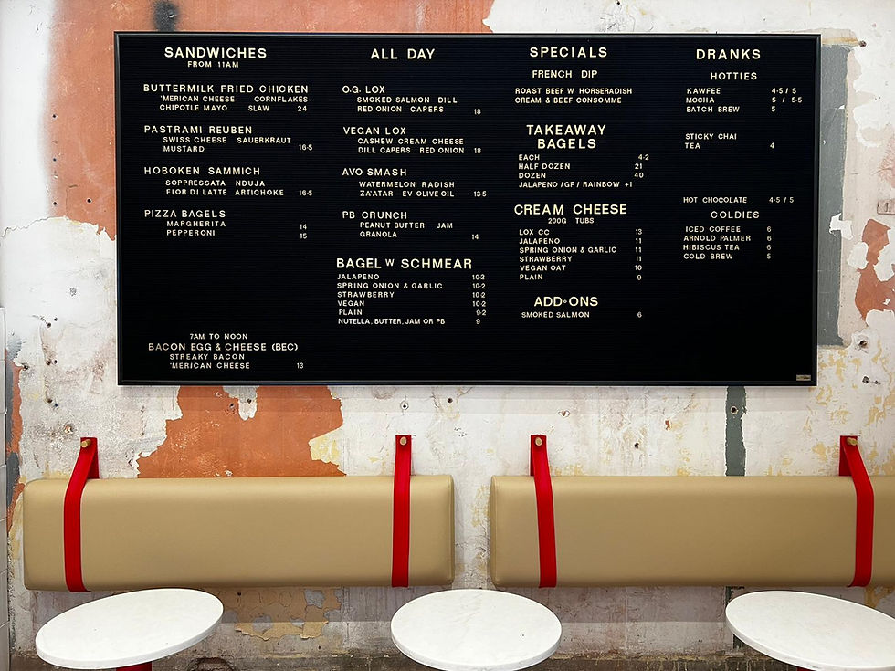 Brooklyn Boy Bagels menu board showing sandwiches and schmears