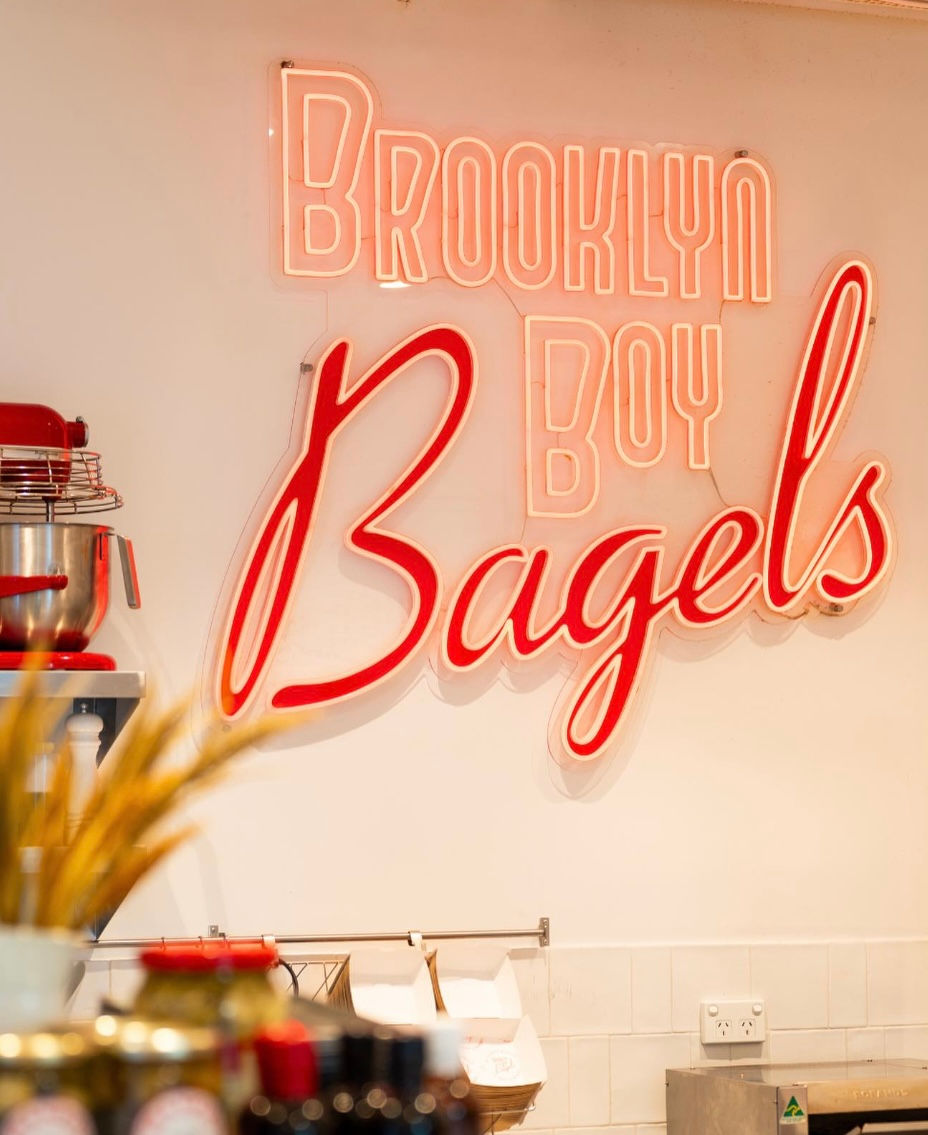 Brooklyn Boy Bagels neon sign in a bakery