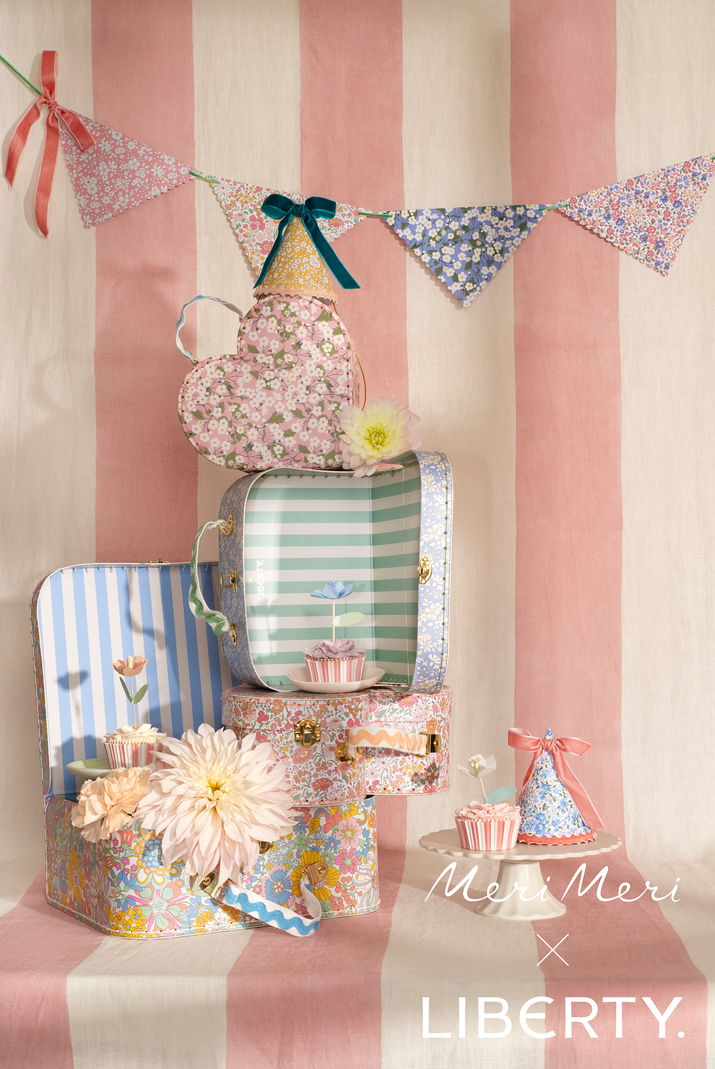 Auswahl an vielen Partydekorationen wie Girlanden, Pappbecher, Dekorblumen, Hütchen aus Karton