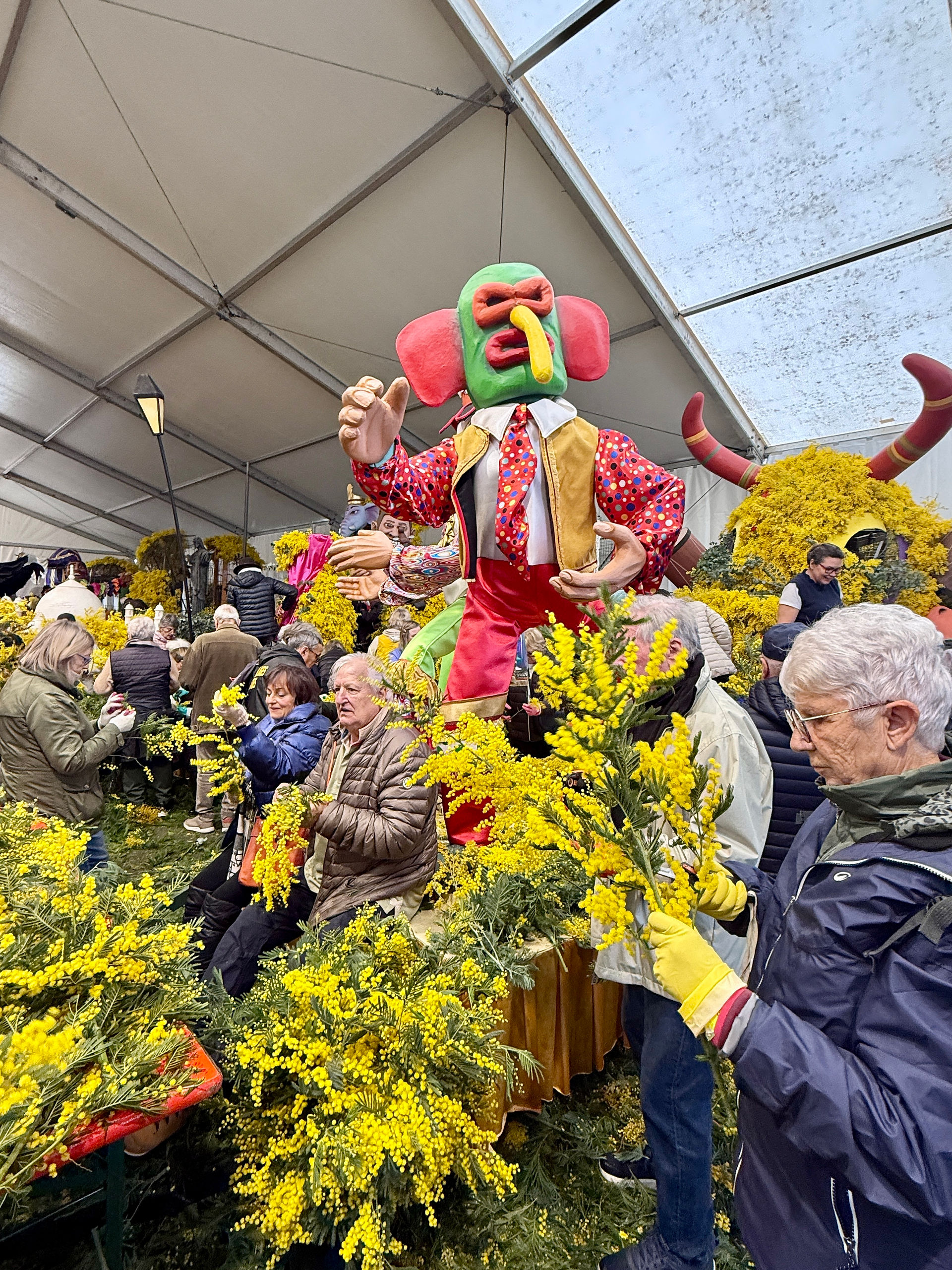 Volunteers helping to decorate the floats for the Fête du Mimosa in Mandelieu-la-Napoule