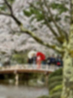 Bridge in Kenrokuen garden in Kanazawa with two people in traditional Japanese clothes.