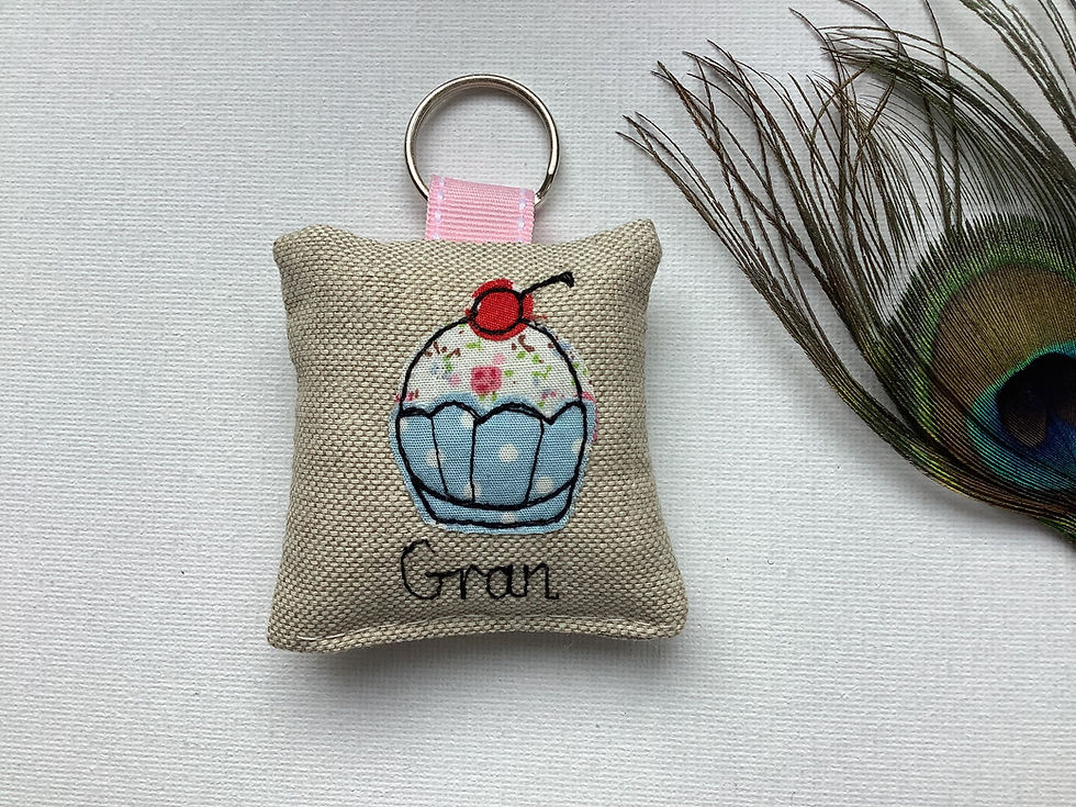 Thumbnail: Cupcake personalised keyring keyfob with lavender scent stocking filler embroidered bakergift