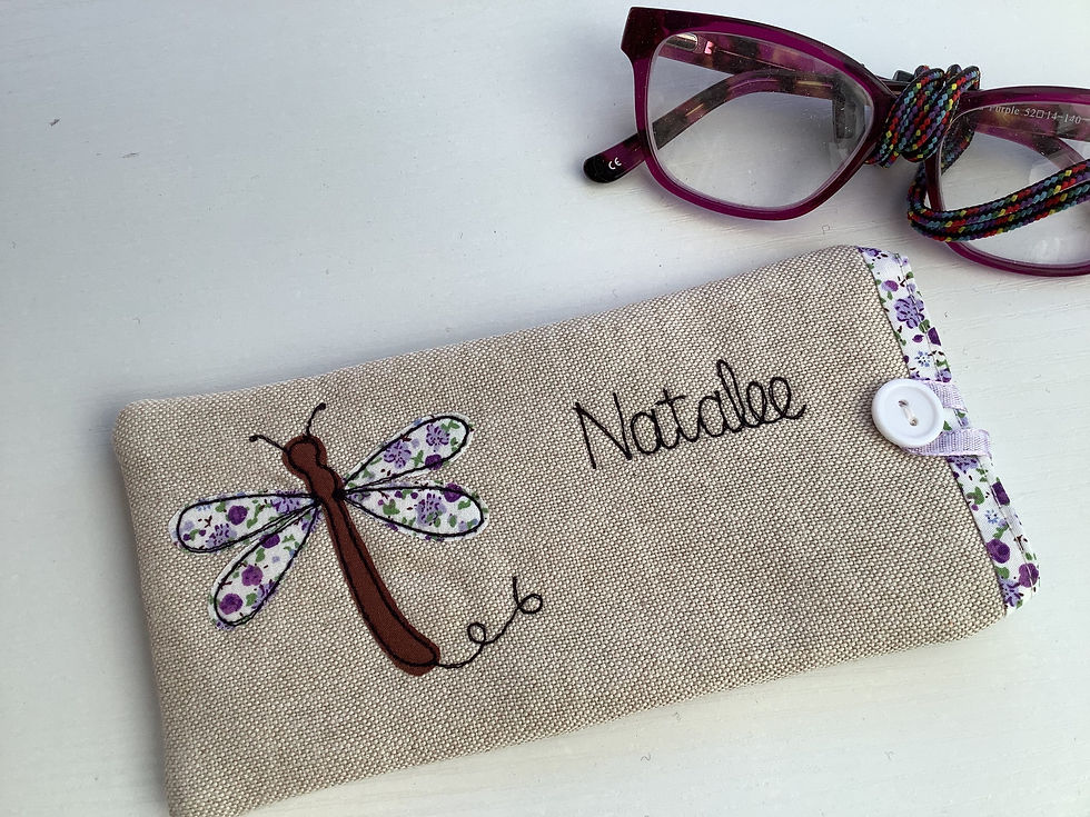 Thumbnail: Personalised handmade dragonfly glasses case purple embroidery