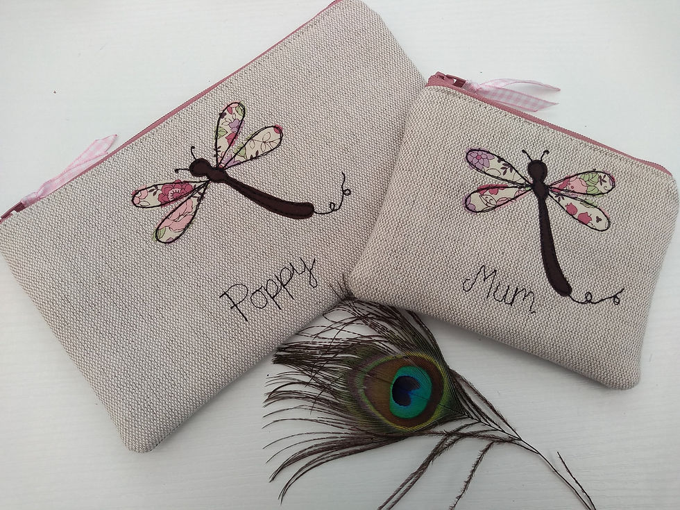 Thumbnail: Personalised dragonfly purse or wallet with choice of pink or lilac floral fabric.  personalised gift