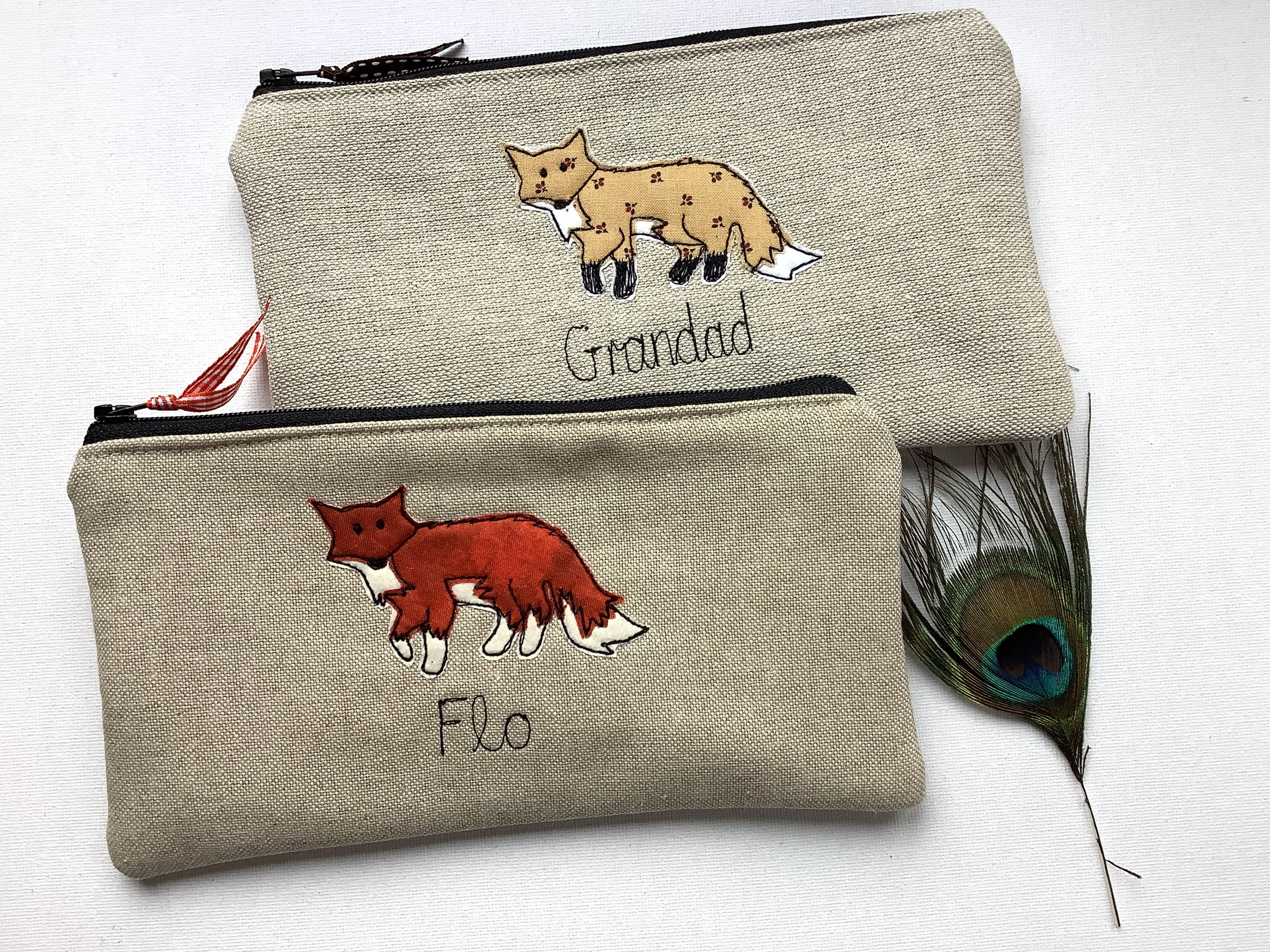 Custom fox pencil case or cosmetic bag choice of tan or rust applique. Cotton lining and fastened with zip and ribbon pull.