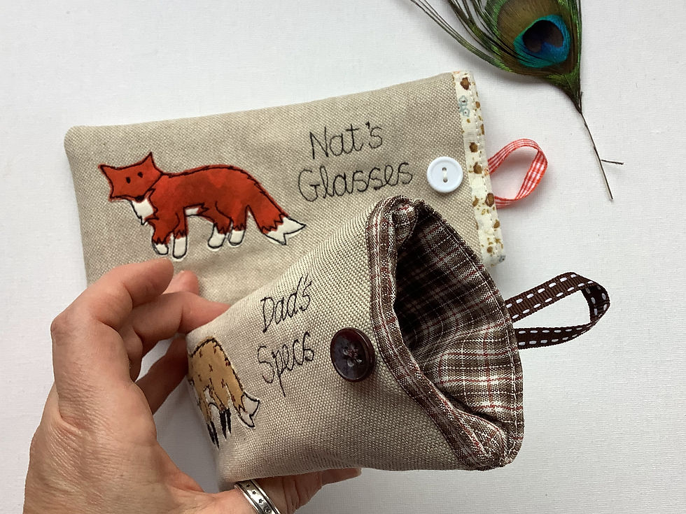 Thumbnail: Custom fox glasses sunglasses case choice of tan or rust applique.  Cotton lining and fastened with button and ribbon