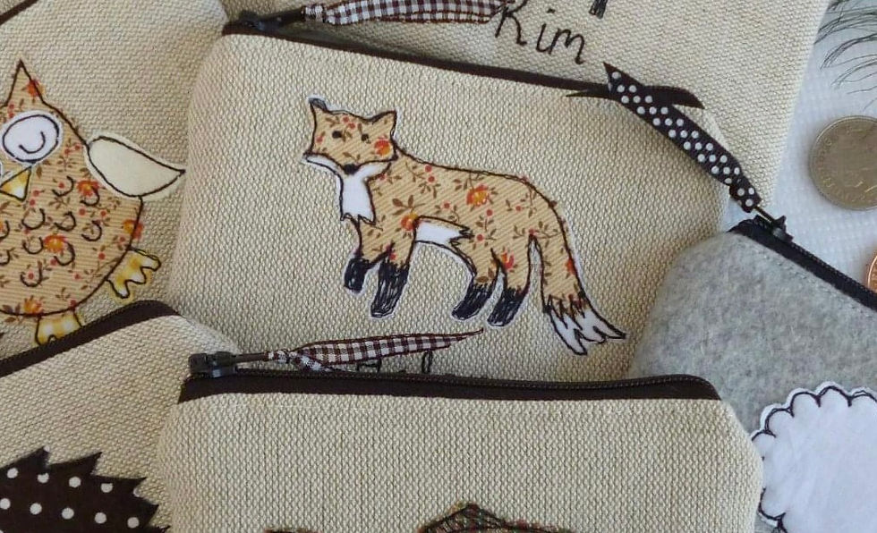 Thumbnail: Custom fox pencil case or cosmetic bag choice of tan or rust applique.  Cotton lining and fastened with zip and ribbon pull.