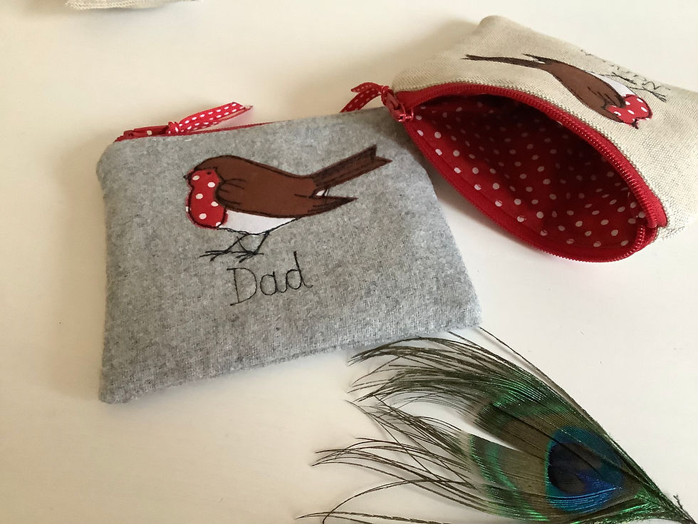 Thumbnail: robin personalised purse wallet pouch on linen or grey wool.  personalised and  lined with red dot cotton.  xmas gift