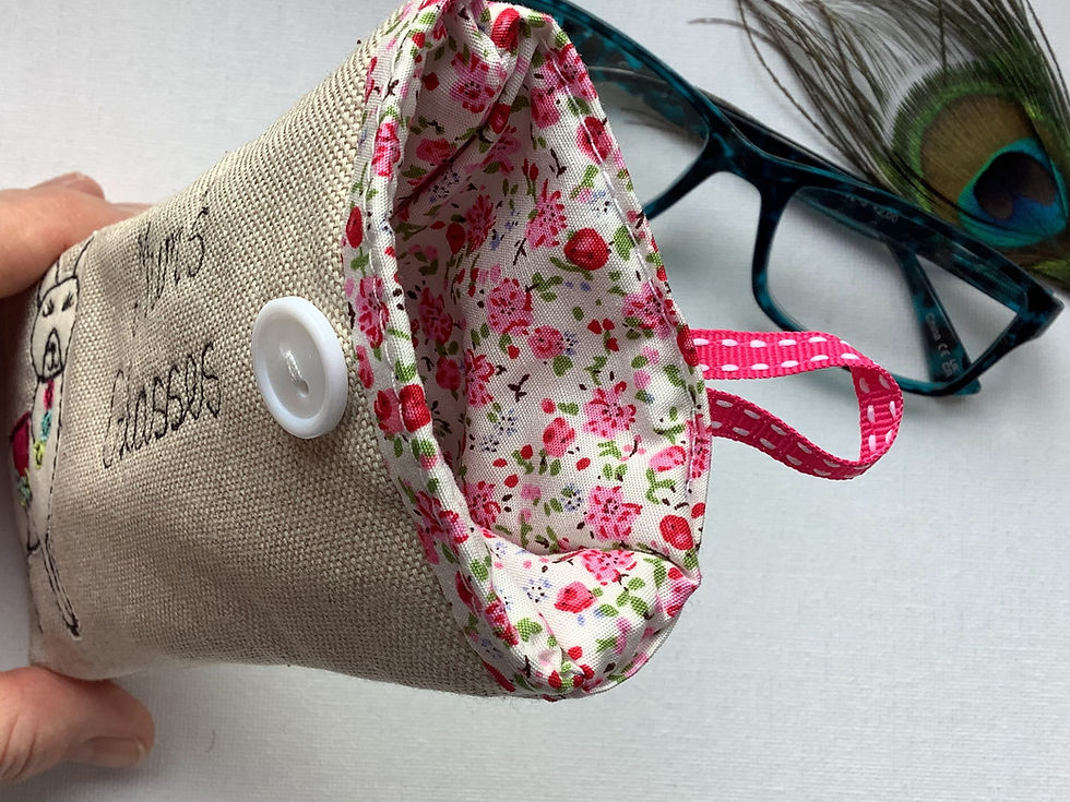 Thumbnail: Alpaca or llama motif on oatmeal linen glasses or sunglasses case or spectacles pouch.  Pink floral lining and personalised