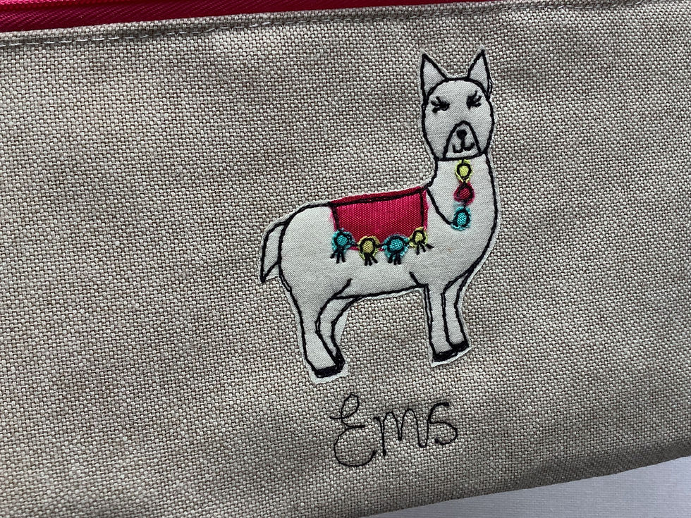 Thumbnail: Alpaca or llama motif on oatmeal linen pencil  case or cosmetic pouch.  Pink floral lining and personalised