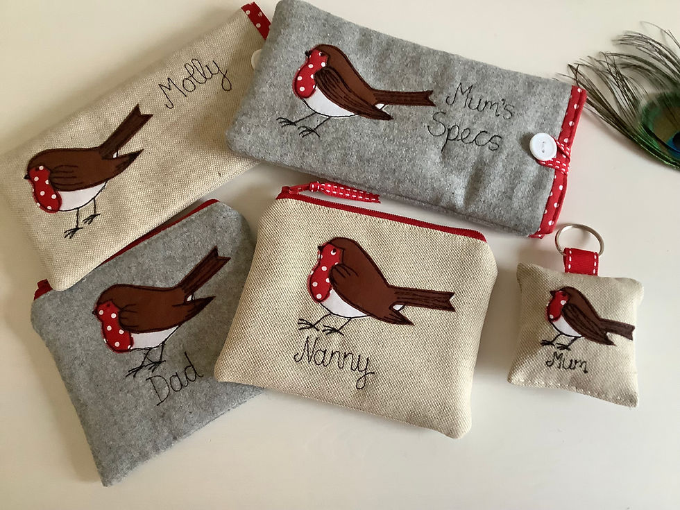 Thumbnail: robin personalised purse wallet pouch on linen or grey wool.  personalised and  lined with red dot cotton.  xmas gift