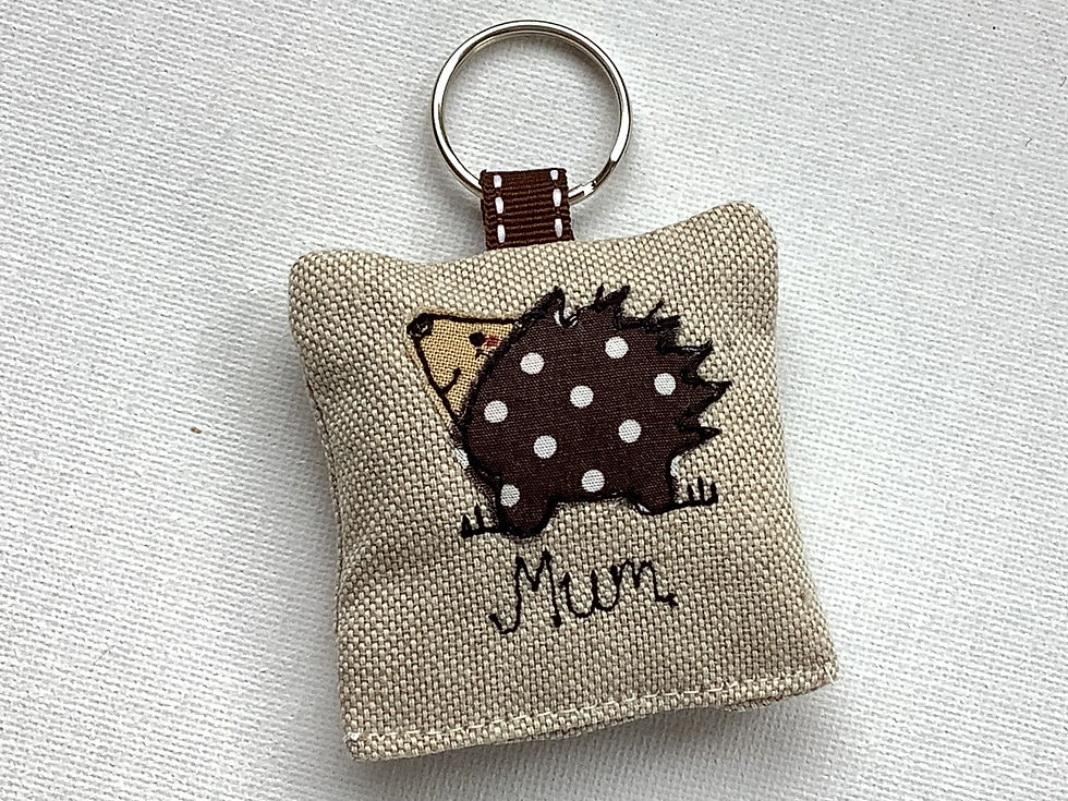 Thumbnail: hedgehog motif on linen personalised keychain keyring.  lavender scented with a ribbon and split ring fastener