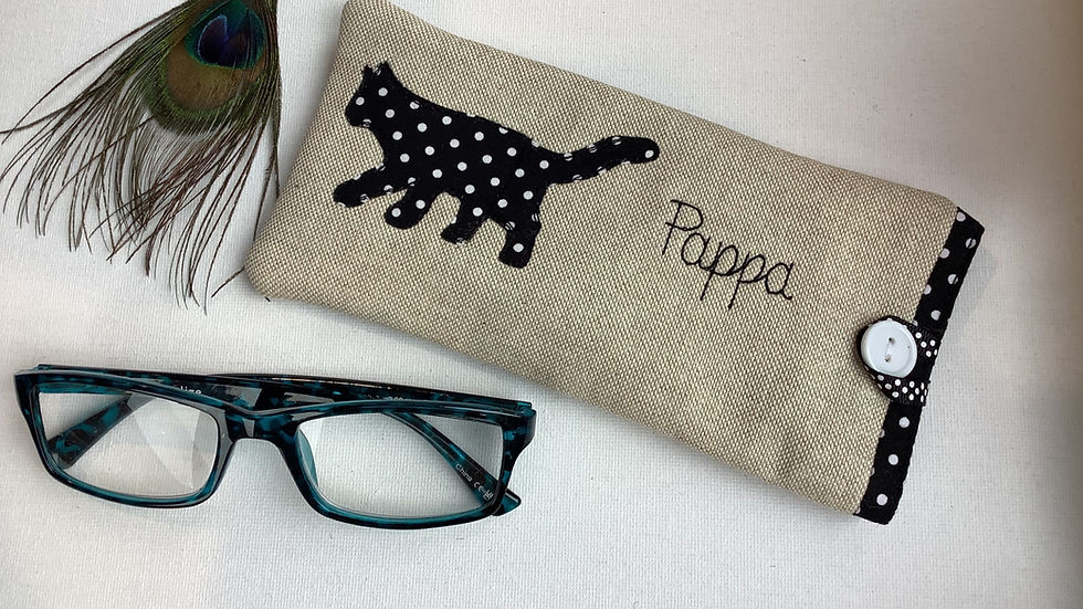 Thumbnail: Cat personalised applique glasses case.  Soft padded pouch with floral lining and button and ribbon fastener