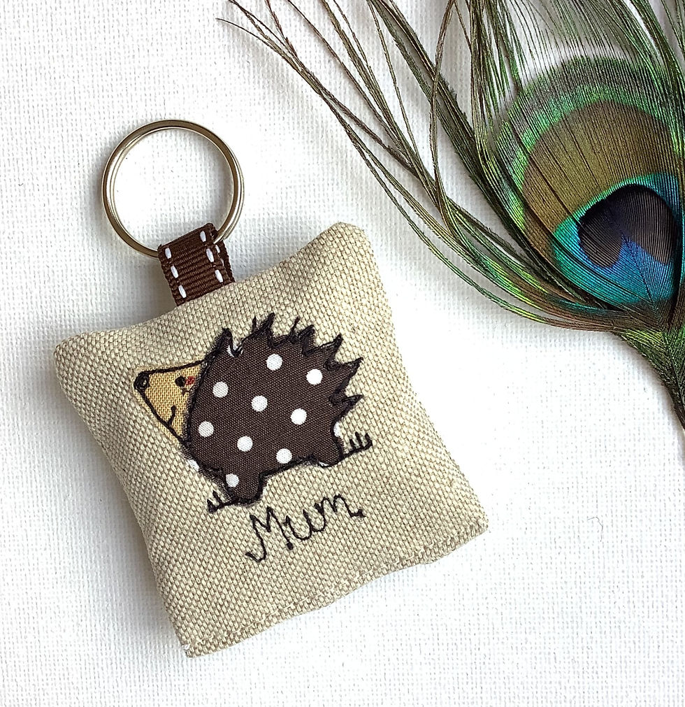 Thumbnail: hedgehog motif on linen personalised keychain keyring.  lavender scented with a ribbon and split ring fastener