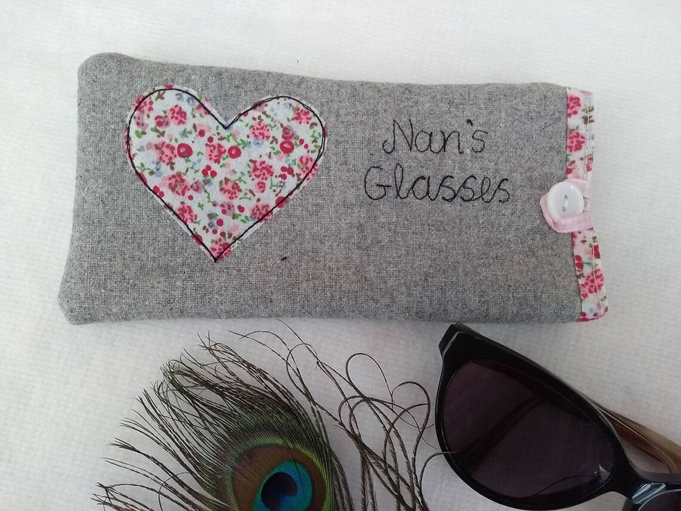 Thumbnail: Pink floral heart on grey fabric personalised glasses case