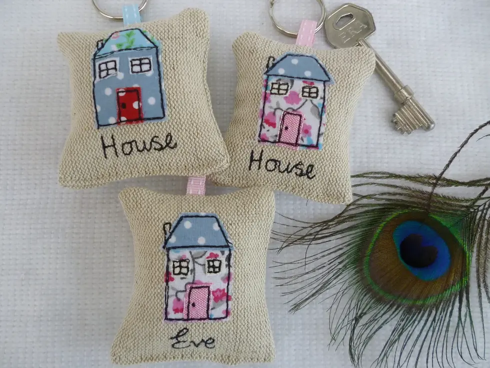 Thumbnail: Personalised house keyring on linen.  Lavender scented with choice of blue or pink.  ribbon and split ring fastening