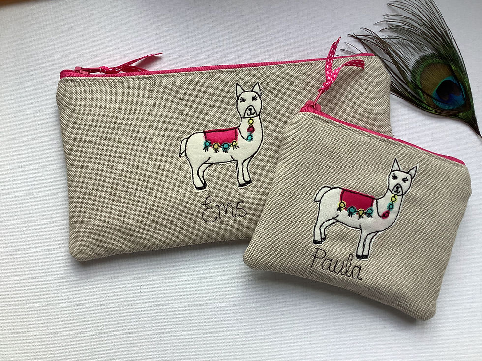 Thumbnail: Alpaca or llama motif on oatmeal linen pencil  case or cosmetic pouch.  Pink floral lining and personalised
