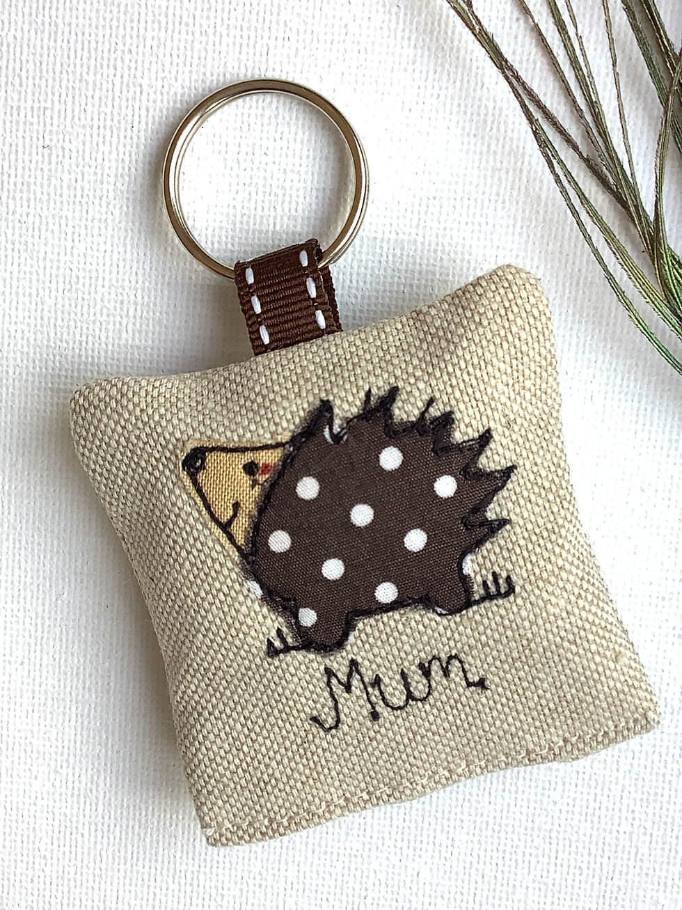 Thumbnail: hedgehog motif on linen personalised keychain keyring.  lavender scented with a ribbon and split ring fastener