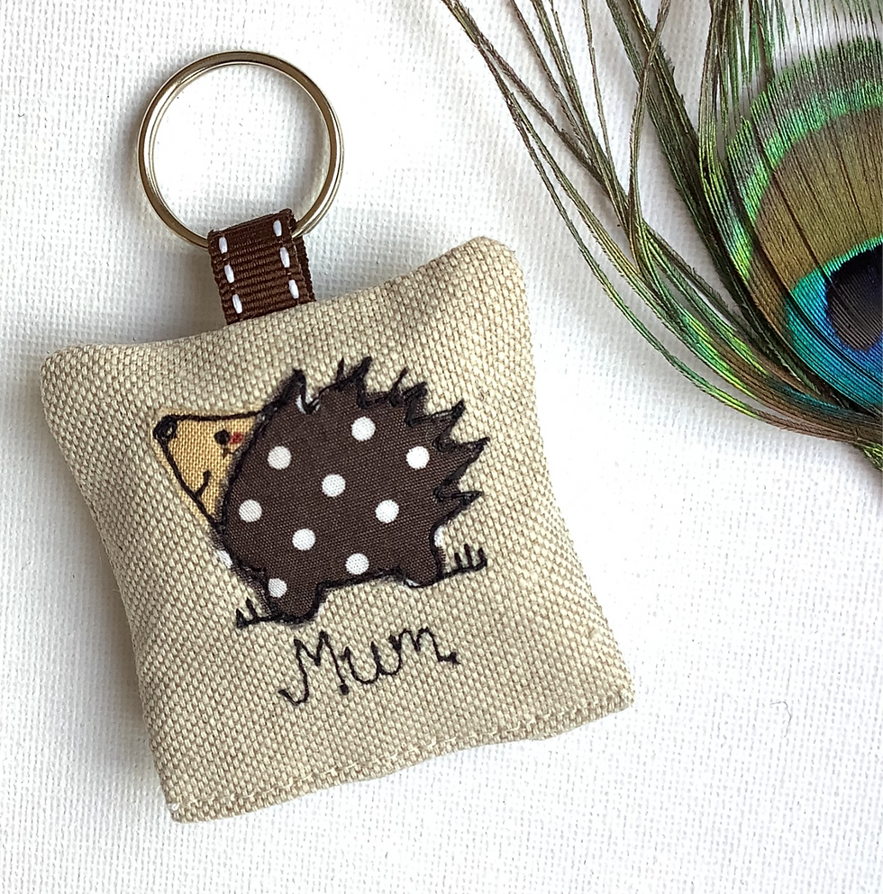 Thumbnail: hedgehog motif on linen personalised keychain keyring.  lavender scented with a ribbon and split ring fastener