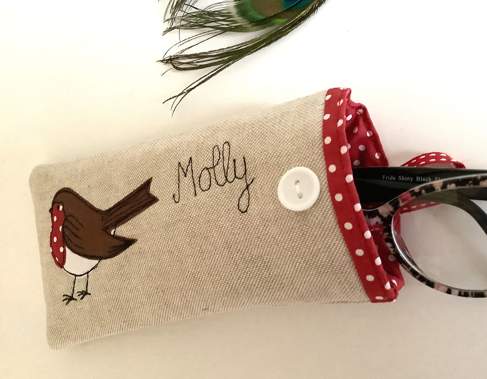 Thumbnail: robin personalised glasses sunglasses case pouch linen or grey wool.  personalised and  lined with red dot cotton.  xmas gift