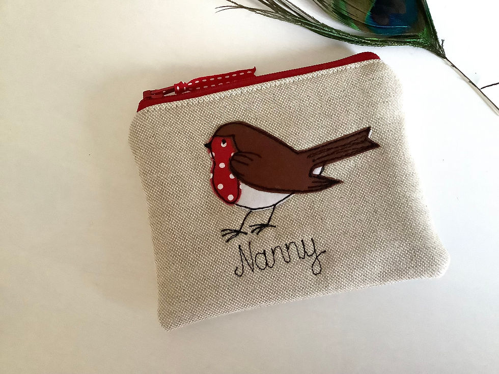Thumbnail: robin personalised purse wallet pouch on linen or grey wool.  personalised and  lined with red dot cotton.  xmas gift