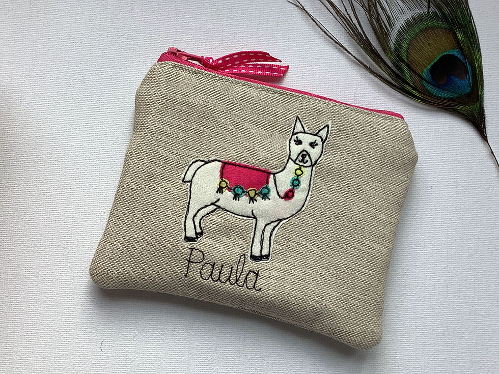 Thumbnail: Alpaca or llama motif on oatmeal linen purse wallet or pouch.  Pink floral lining and personalised