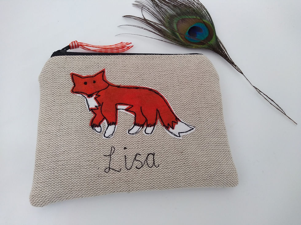 Thumbnail: Custom fox wallet or coin purse with choice of tan or rust applique.  Cotton lining and fastened with a zip and ribbon pull.