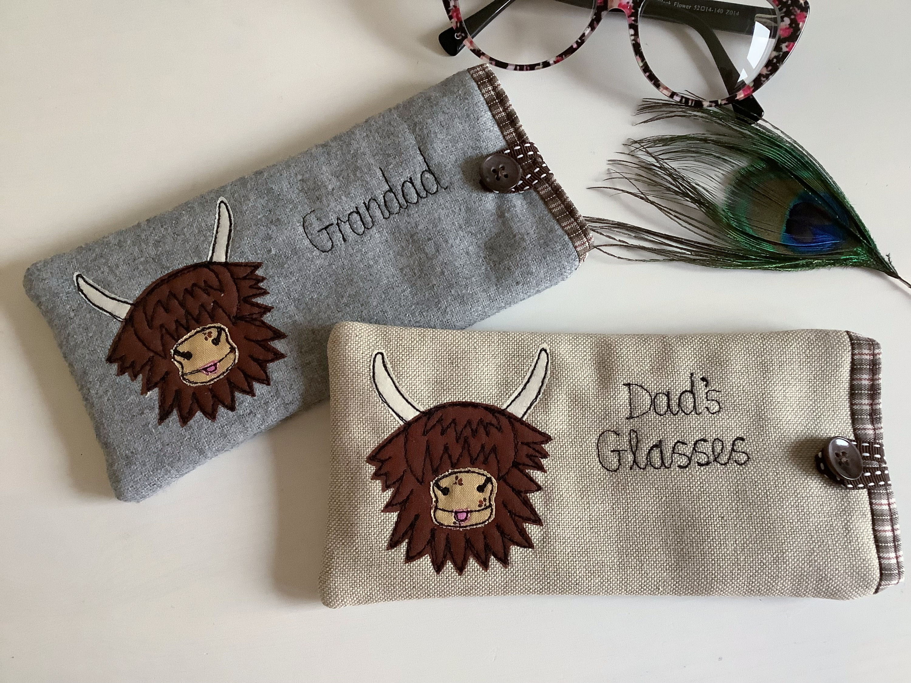 Highland Cow Coo personalised glasses sunglasses case linen or grey wool.  personalised, tartan cotton lining.  xmas gift