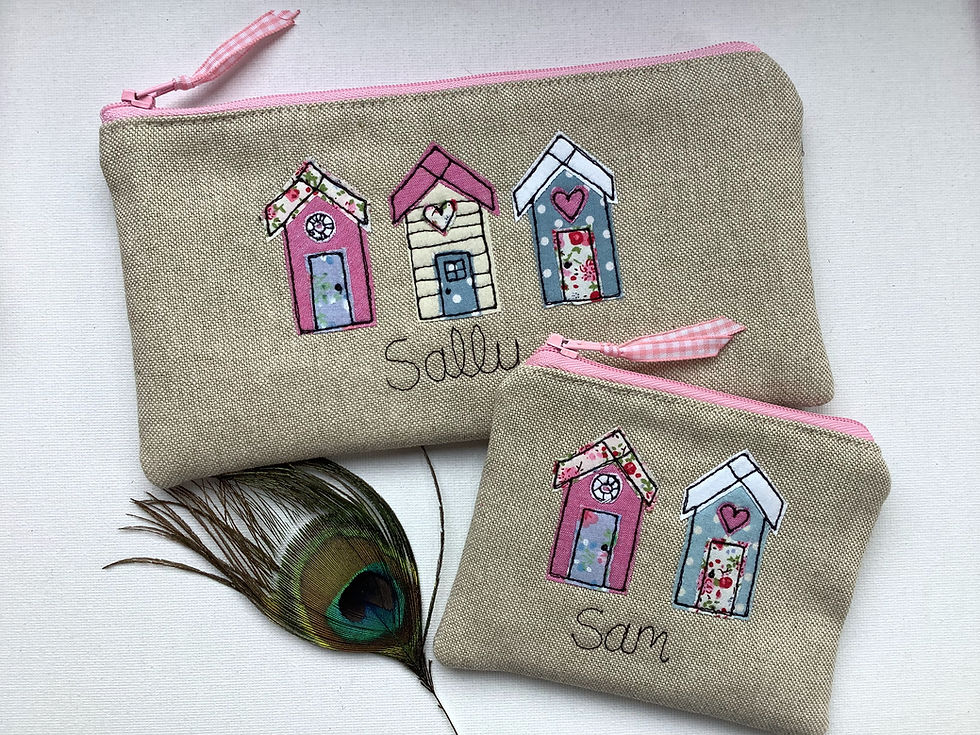Thumbnail: Beach hut custom personalised purse wallet pouch.  Matching lining and zip fastener.  Gift for seaside lover
