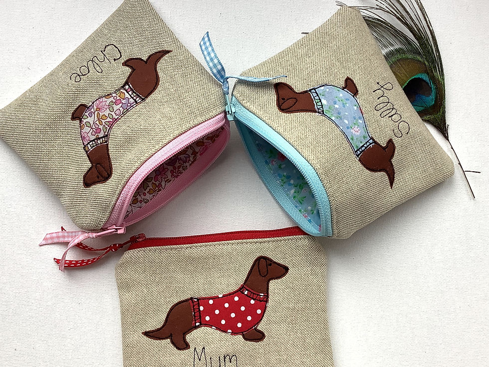 Thumbnail: Personalised Dachshund Sausage Dog purse or wallet.  Choice of design and name.  Fastened with zip and ribbon pull