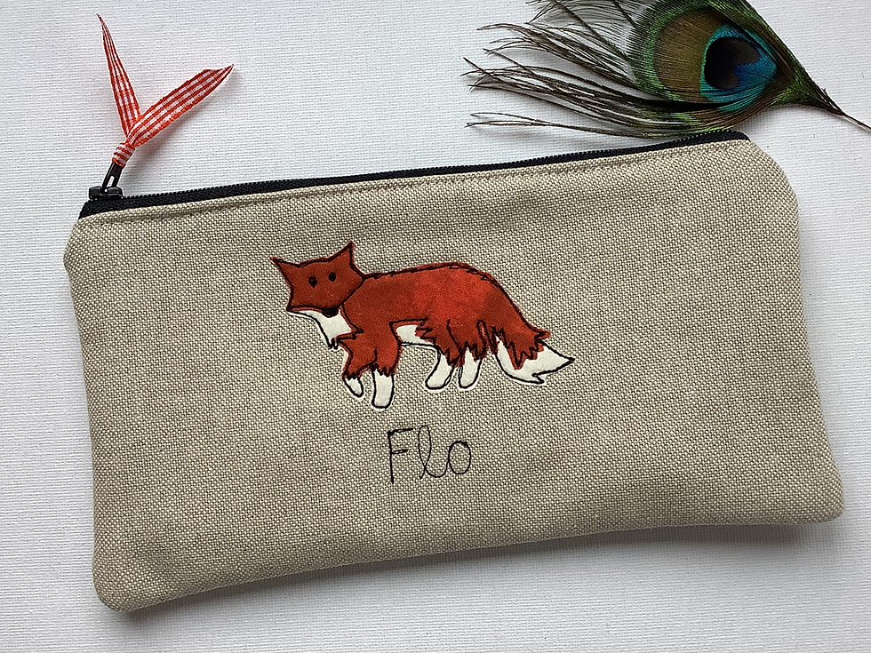 Thumbnail: Custom fox pencil case or cosmetic bag choice of tan or rust applique.  Cotton lining and fastened with zip and ribbon pull.