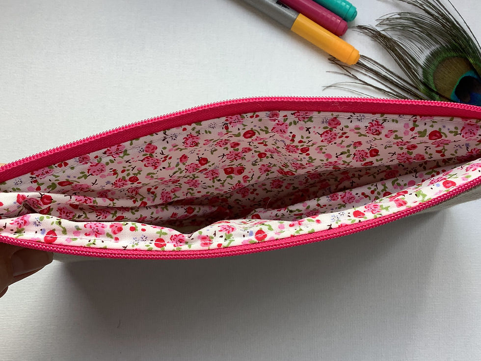 Thumbnail: Alpaca or llama motif on oatmeal linen pencil  case or cosmetic pouch.  Pink floral lining and personalised