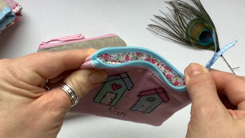 Thumbnail: Beach hut custom personalised purse wallet pouch.  Matching lining and zip fastener.  Gift for seaside lover