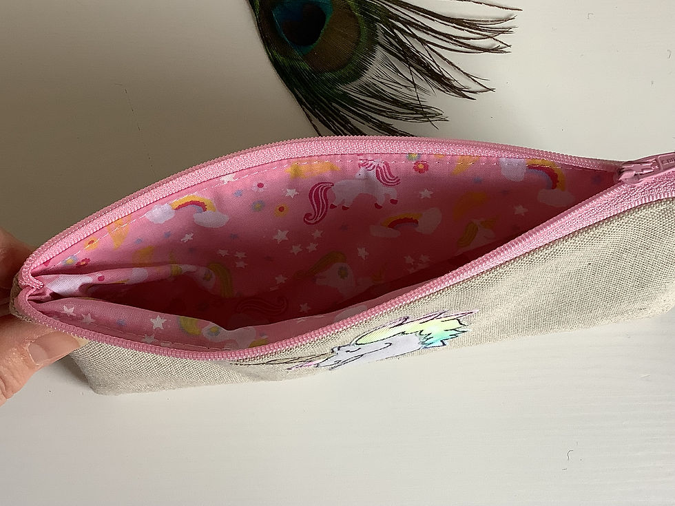 Thumbnail: Personalised unicorn oatmeal linen case with unicorn print pink lining