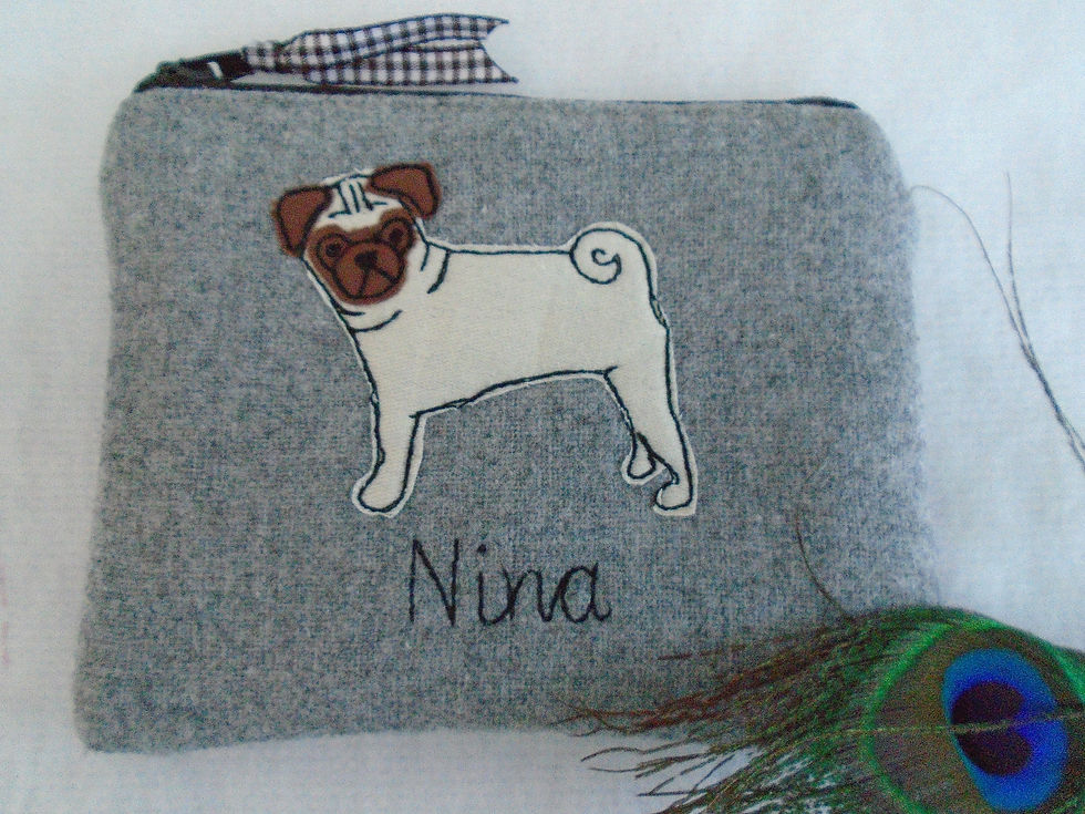 Thumbnail: Personalised pug dog purse wallet pouch.  choice of linen or grey. chocolate dot lining, zip fastener