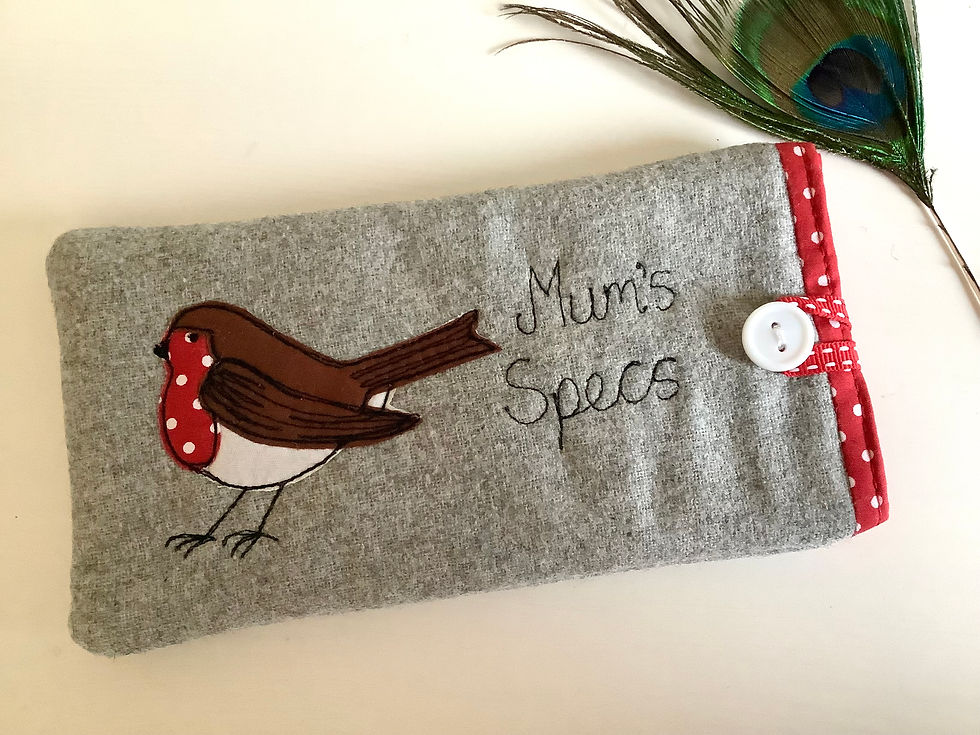 Thumbnail: robin personalised glasses sunglasses case pouch linen or grey wool.  personalised and  lined with red dot cotton.  xmas gift