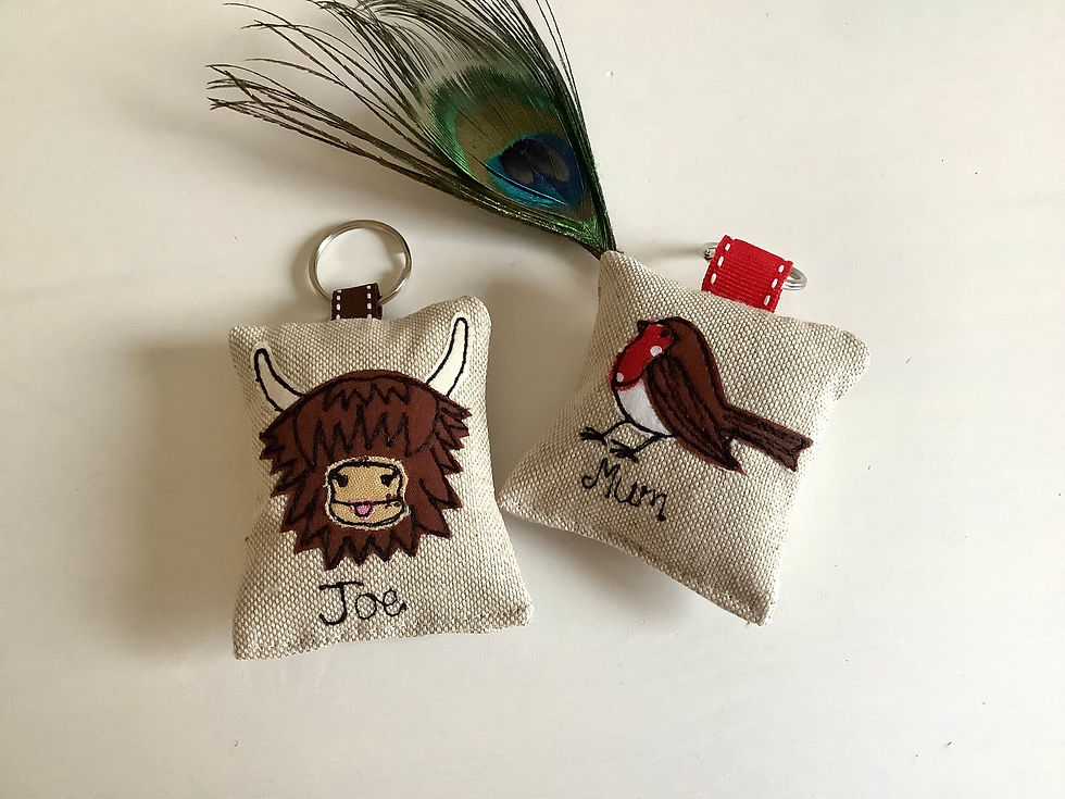Thumbnail: Highland Cow Coo personalised keyring keyfob with lavender scent stocking filler embroidered xmas gift
